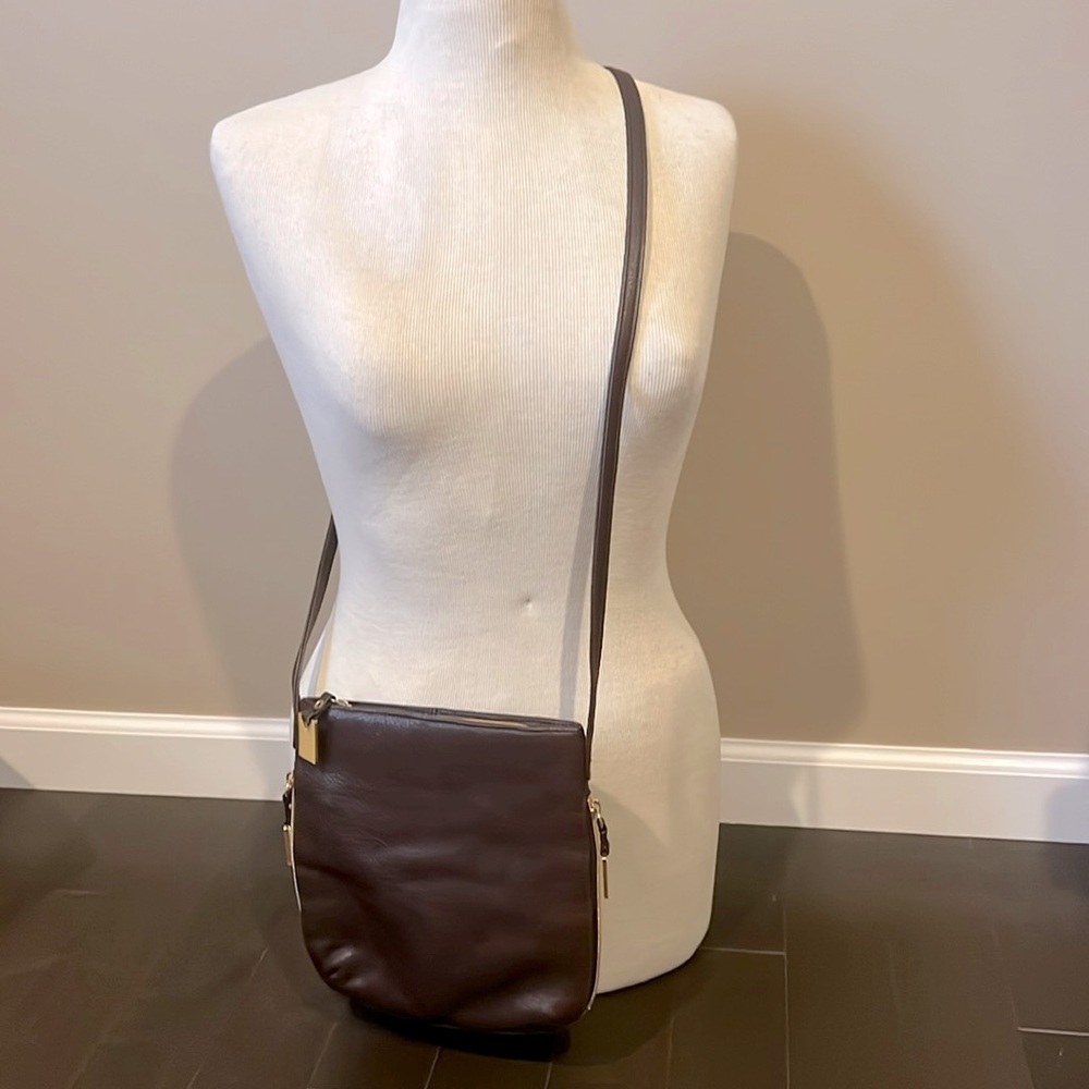 CeeKlein dark brown leather crossbody bag w/gold hardware